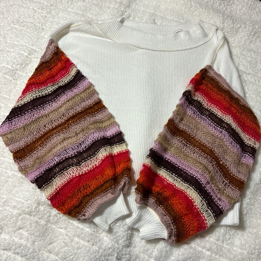 We The Free White Sweater with Multicolor Sleeves